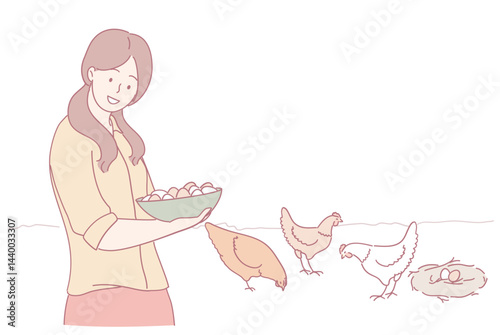 A joyful woman holds a bowl of fresh brown eggs while tending to her happy chickens under the warm sun