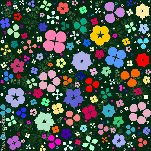 Seamless pattern with bright colored flowers and green background