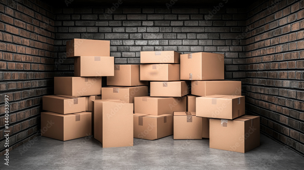 Clutter free garage with several empty cardboard boxes stacked against brick wall Clutter free garage with several empty cardboard boxes stacked against brick wall