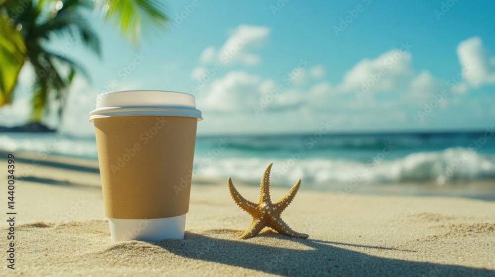 A disposable coffee cup and a starfish on a sandy tropical beach with waves and palm trees
