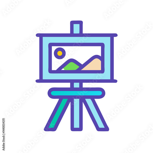 Colorful Illustration of an Easel with a Landscape Painting on Display