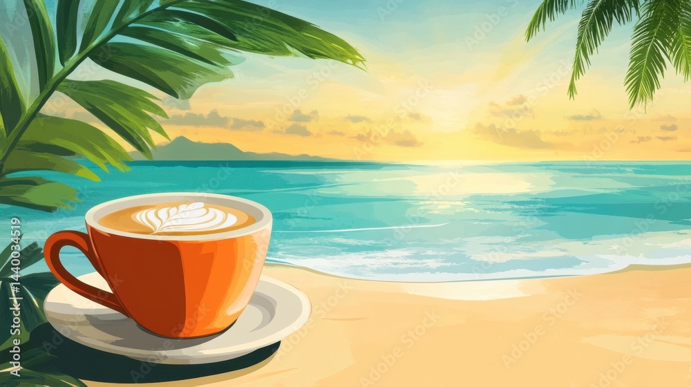 illustration of an orange coffee cup with latte art sitting on a beach table, surrounded by tropical leaves