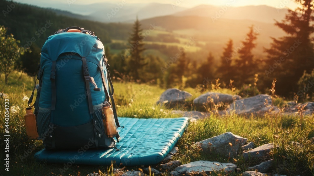 A large hiking backpack with water bottles attached rests on a blue sleeping mat in a scenic grassy mountain