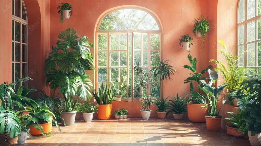 A bright sunlit room with arched windows is filled with a lush collection of potted green plants