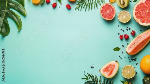 summer-themed flat lay composition featuring assorted tropical fruits, green leaves, and berries