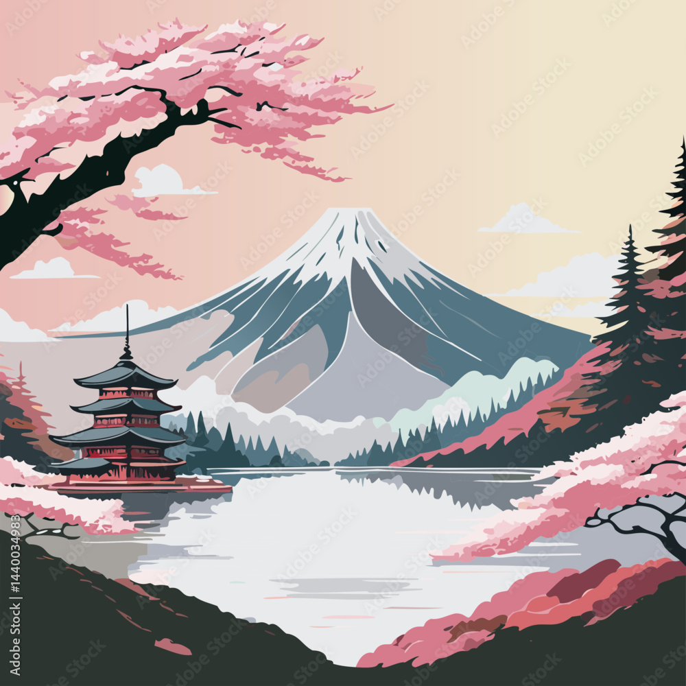 Paysage Asiatique Soleil Couchant avec Montagnes, Pagode et Collines, Arbres et Lac Vecteur