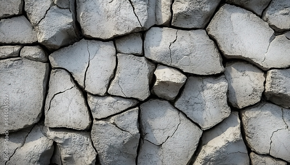 Fototapeta premium Close-up of cracked, dry earth with a grayish stone-like texture.