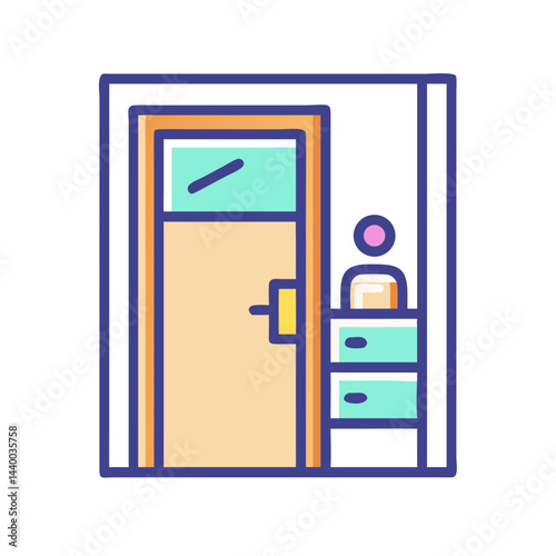 Cute vector graphic of a hotel lobby, door, and receptionist stand