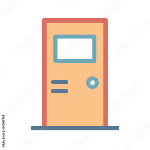 Illustration of a simple, light-colored door with a window and handle.