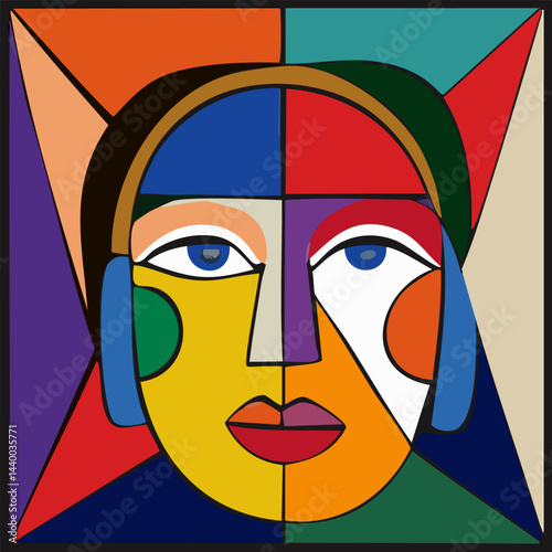 Illustration Art Style Cubiste Tête Femme Visage Couleurs Expression Tableau Peinture Moderne Dessin Fragments Psychologie