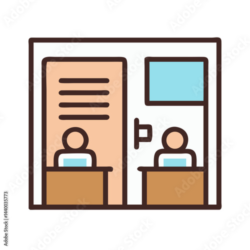 Illustration of two tellers working at a bank or ticket booth.