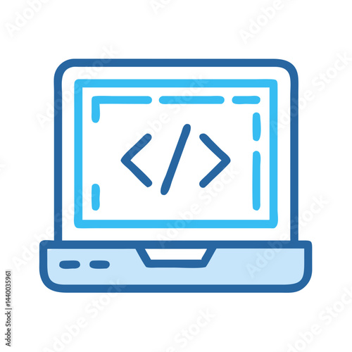 Laptop with code symbol on the screen represents programming and development