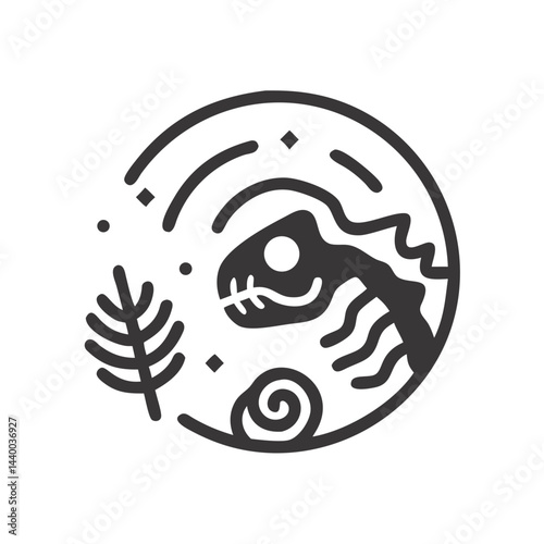 Minimalist Dinosaur Fossil Outline in Circular Design on Black Background