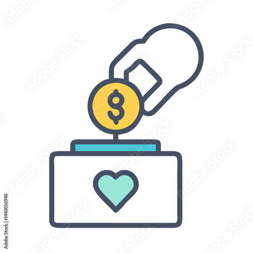 Hand donating money to charity box with heart on a black background.