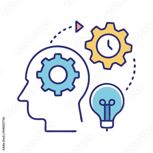 Creative Process: Mind with Gears, Time, and Idea Bulb Icon