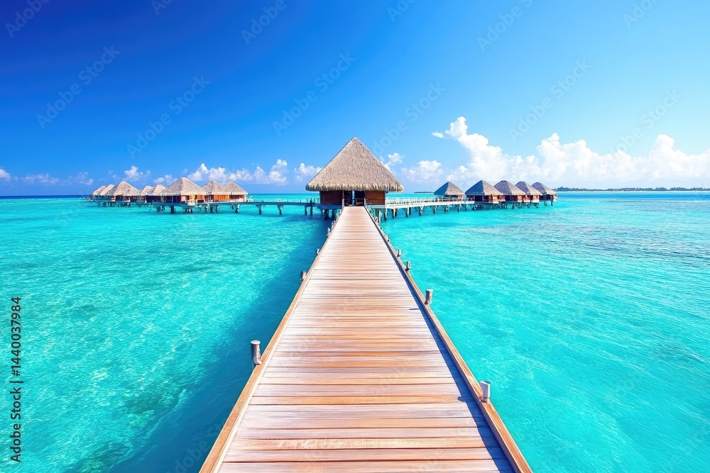 Obraz premium Tranquil Tropical Paradise A Luxurious Overwater Bungalow Escape on a Sunny Day