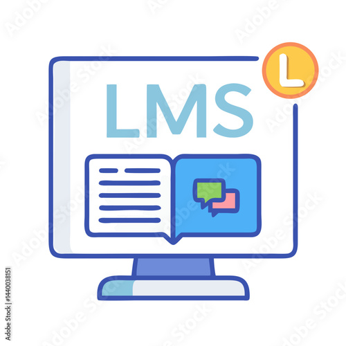 Learning Management System on Computer Screen with Book and Chat Bubbles Illustration