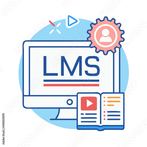 LMS System on Computer with Book, Learning Management System Illustration