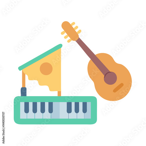 Musical Instruments: Keyboard, Guitar and Ukulele on Black Background, Graphic Design
