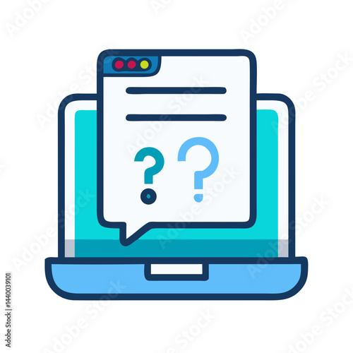 Laptop with question mark icon, online support, FAQ, assistance, and help
