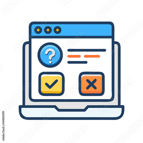 Online Survey with Question Mark, Checkmark, and Cross Icons on Laptop Screen