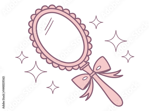 Pink Scalloped Hand Mirror with Bow and Sparkles Illustration