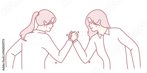 A lively illustration shows two women in a friendly arm wrestling match, showcasing their competition