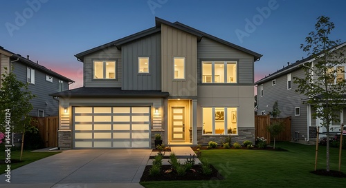 A contemporary two-story home with mixed siding, a glass panel garage door, and warm interior and exterior lighting is captured at dusk at 6976 SW Windflower St in Wilsonville, Oregon. photo