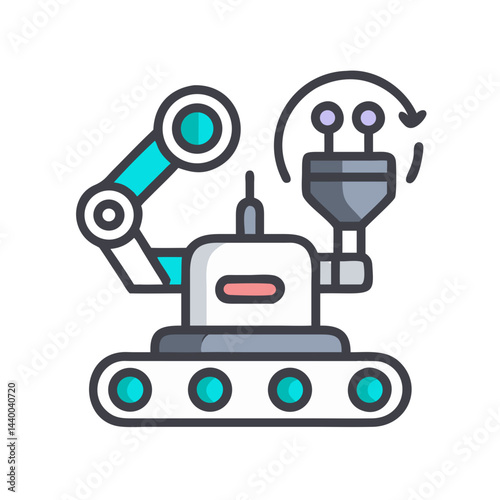 Robot with robotic arm connecting wires, future technology, industrial automation icon