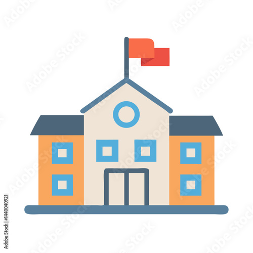 Cartoon School Building with Flag Illustration on a Black Background