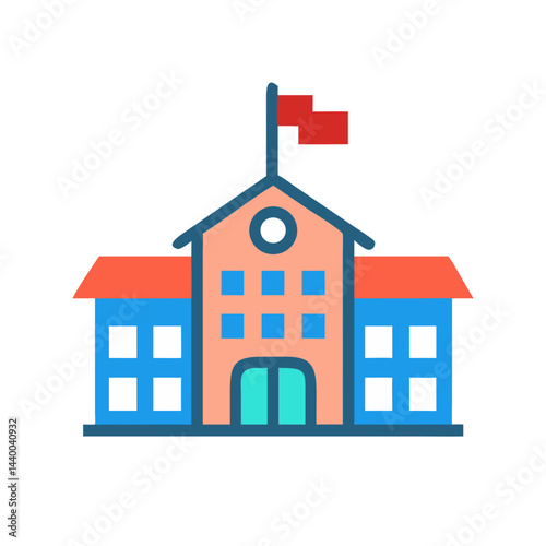 Flat Vector School Building Illustration with Red Flag on Black Background