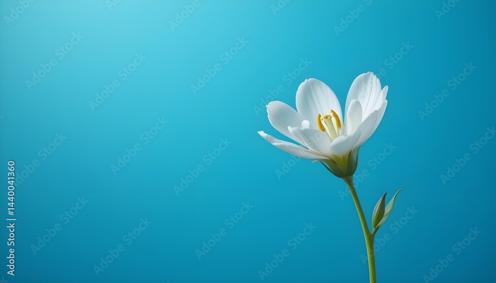 A single, fragile flower blossoms against a vivid, electric blue backdrop, capturing the beauty and freshness of spring in breathtaking 4K realism. The stem and leaves' delicate texture adds depth to A single, fragile flower blossoms against a vivid, electric blue backdrop, capturing the beauty and freshness of spring in breathtaking 4K realism. The stem and leaves' delicate texture adds depth to