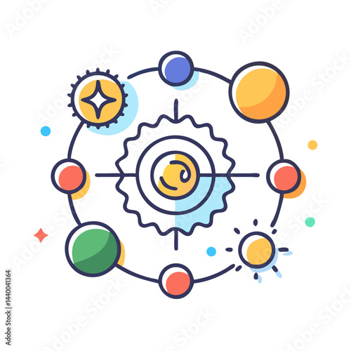 Colorful Planetary System Illustration, Solar System Concept, Planets Orbiting a Star