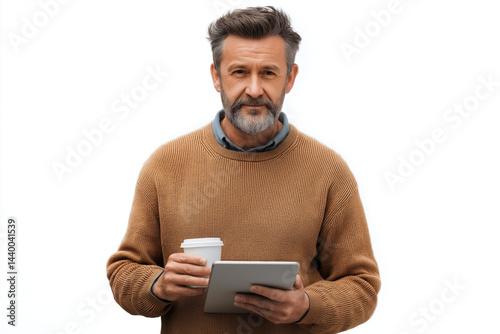 high-resolution image of a middle-aged man in casual wear using a tablet with one hand and holding coffee in another, candid natural expression, isolated background, front-facing, no background