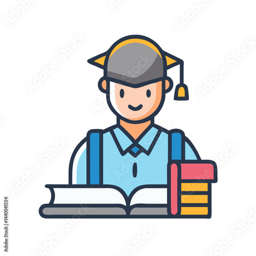 Graduate student with graduation cap reading an open book illustration