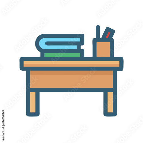 Illustration of a desk with books and a pen holder for education.