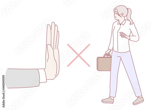 An illustration depicting a stop gesture with a woman carrying a briefcase, symbolizing prohibition in business.