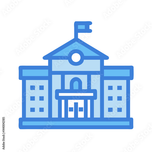 Blue Outline Building Icon with Flag, Courthouse, University, or School