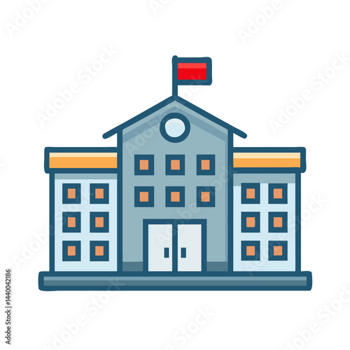 School Building Icon Illustration with Red Flag and Light Blue Colors