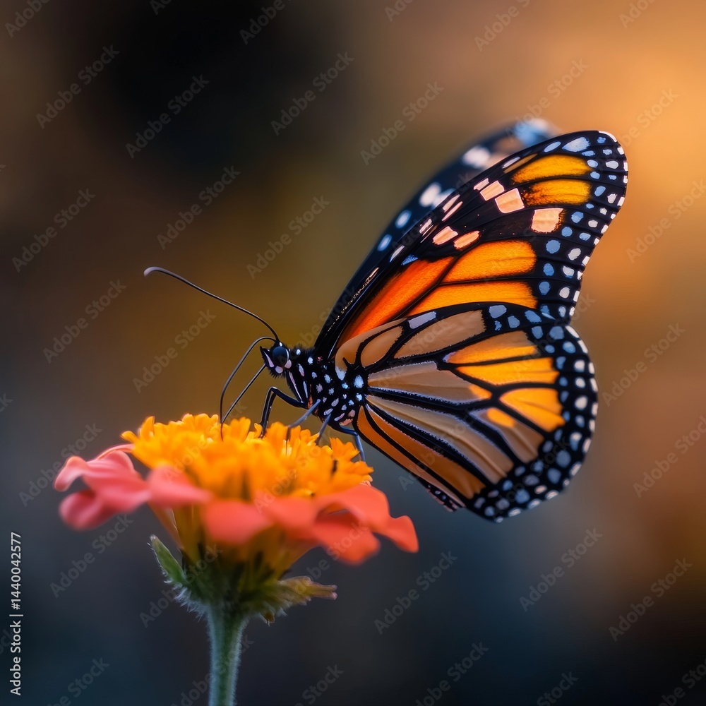 A stunning macro shot of a Monarch Butterfly perched on a vibrant flower its delicate wings showcasing intricate orange and black patterns The fine details of its antennae and tiny legs A stunning macro shot of a Monarch Butterfly perched on a vibrant flower its delicate wings showcasing intricate orange and black patterns The fine details of its antennae and tiny legs