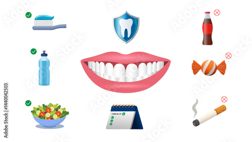 Dental health infographic with smiling mouth in the center shows good and bad habits through icons: toothbrush, water, salad vs. soda, candy, cigarette. Clean, educational layout