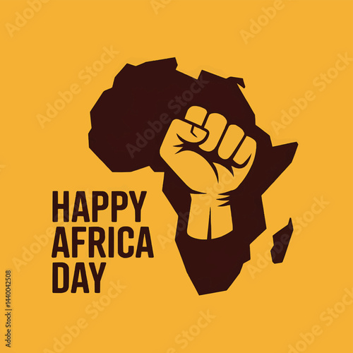 Happy Africa Day Vector with Raised Fist and African Map Silhouette on Yellow Background