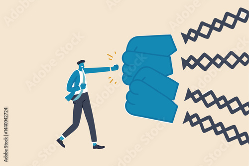 Business challenge to deal with many competitors, difficulties and problems, strength or power to overcome conflict concept, confidence businessman with boxing glove fights with many opponents.
