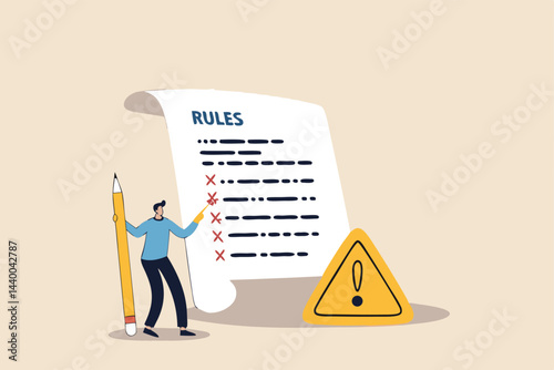 Rules and regulations, policy and guideline for employee to follow, legal term, corporate compliance or laws, standard procedure concept, businessman finish writing rules and regulations document.