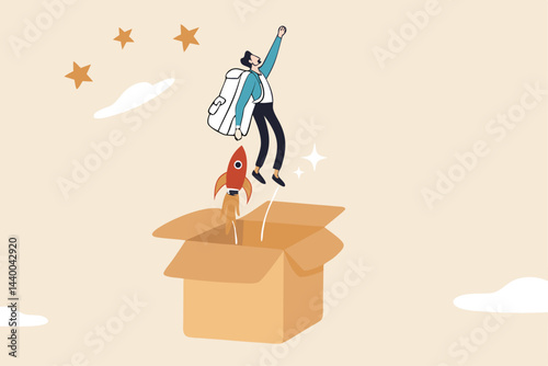 Think outside the box, creativity and innovation to change new ideation for business solution, leadership or inspiration for career success, businessman launch from open box with rocket booster.