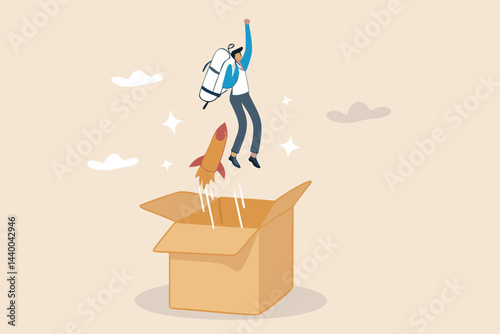 Think outside the box, creativity and innovation to change new ideation for business solution, leadership or inspiration for career success, businessman launch from open box with rocket booster.