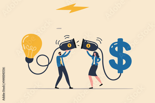 Venture capital or financial support for startup and entrepreneur company, make money idea or idea pitching for fund raising concept, businessman and woman connect lightbulb with money dollar sign.