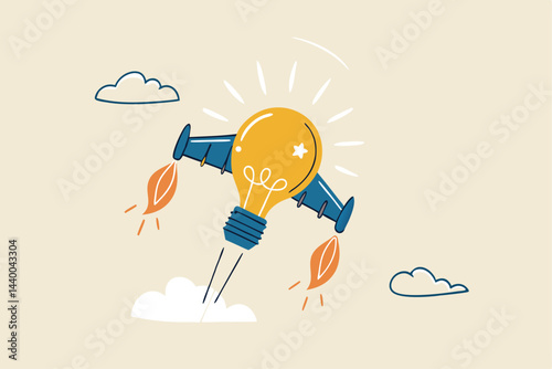 Boost creative idea, imagination, innovation or technology to help success, invent new solution to win business competition concept, bright lightbulb idea with rocket booster flying fast into the sky.