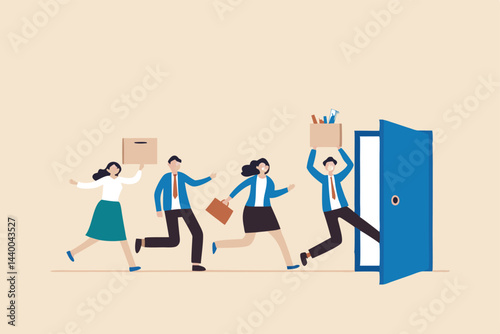 Great resignation, employee resign, quit or leaving company, people management or human resources problem concept, business people employee resign and walk through exit door.