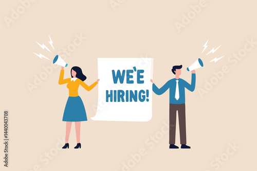 HR recruiting announcement we are hiring advertisement, human resources or employer looking for candidate for job vacancy concept, business people HR with megaphone holding we are hiring sign.